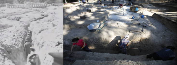 La última trinchera de la Guerra Civil durante la guerra (izquierda) y durante las intervenciones arqueológicas de 2018 (derecha) (1)